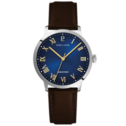 Montre Quartz Homme INTERVAL Argenté Cadran Bleu Bracelet Cuir Brun 20 MM