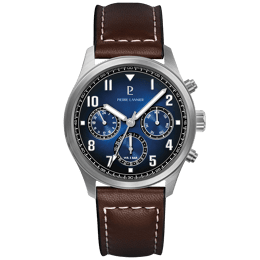 Montre Homme AVIATEUR Noir Cadran Bleu Bracelet Cuir Brun 22 MM