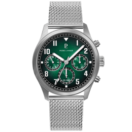 Montre Homme AVIATEUR Noir Cadran Vert Bracelet Acier milanais Argenté 22 MM