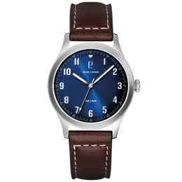 Montre Homme AVIATEUR Argenté Cadran Bleu Bracelet Cuir Brun 20 MM