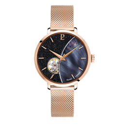 Montre Femme CELESTE Cadran Noir Bracelet Acier Milanais Doré-rose