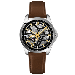 Automatique Homme SKELETOM Argenté Cadran Soleillé Noir Bracelet Cuir Brun 20M