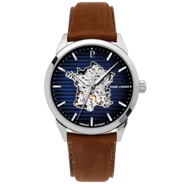 Montre Homme MONARCK France Argenté Cadran Bleu Bracelet Cuir Brun 22 MM