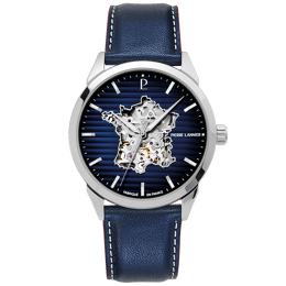 Montre Homme MONARCK France Argenté Cadran Bleu Bracelet Cuir Bleu 22 MM