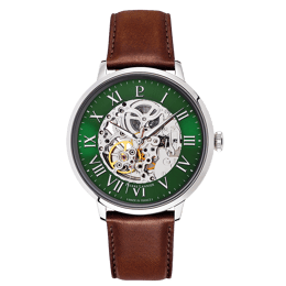 Montre Homme AUTOMATIC Argenté Cadran Vert Bracelet Cuir Brun 20 MM