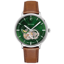 Montre Homme TRIO Argenté Cadran Vert Bracelet Cuir Brun 20 MM