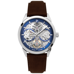 Montre Homme MONARCK Argenté Cadran Bleu Bracelet Cuir Brun 22 MM