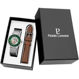 Coffret Homme AUTOMATIC Argenté Cadran Vert Bracelet Cuir Brun 20 MM