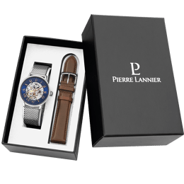 Coffret Homme AUTOMATIC Cadran Bleu Bracelet Acier milanais Argenté