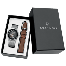 Homme MONARCK Argenté Cadran Allemagne Noir Bracelet Cuir Brun 22M