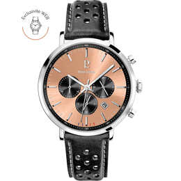 Montre Homme BARON Argenté Cadran Saumon Bracelet Cuir perforé Noir 20 MM