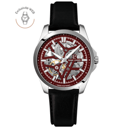 Automatique Homme SKELETOM Argenté Cadran Soleillé Lie de vin Bracelet Cuir Noir 20M
