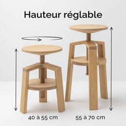 Tabourets à vis en bois - Clock en chêne 40-55 et 55-70 cm