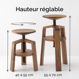 Tabourets à vis en bois - Clock en noyer 40-55 et 55-70 cm