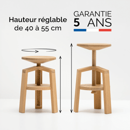 Tabouret à vis en bois  – Clock chêne 40-55 cm