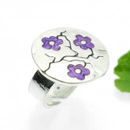 Bague créateur réglable Fleurs de Cerisiers violettes en argent 925