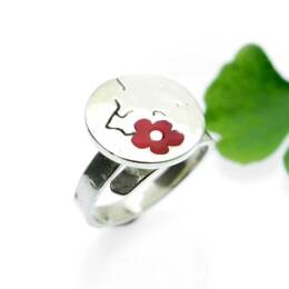 Petite bague réglable Fleurs de Cerisier rouge en argent 925