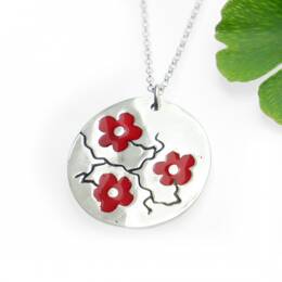 Pendentif Fleurs de Cerisier rouge en argent massif 925/1000
