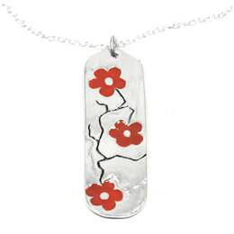 Collier long Fleur de cerisier rouge en argent 925