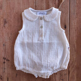 Barboteuse blanche JASMIN, en double gaze de coton plumetis