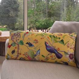 Coussin velours oiseaux jaune