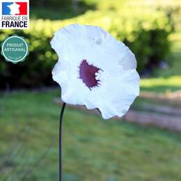Fleur en grès émaillé sur tige - Blanche coeur rouge