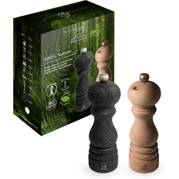 100% Nature Duo de moulins à poivre et à sel manuels en bois revalorisé Nature et Nature Black, 18 cm