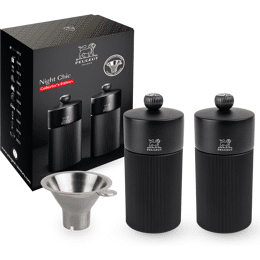 Night Chic Coffret cadeau - Duo de moulins à poivre et à sel manuels Line noir mat 12 cm et son entonnoir en inox