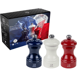 Bistro Trio France Trio 2 moulins Poivre et 1 moulin Sel, manuels en bois, bleu, blanc et rouge, 10 cm