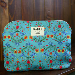 Pochette ordinateur Valentina - Motif oiseaux fond bleu canard