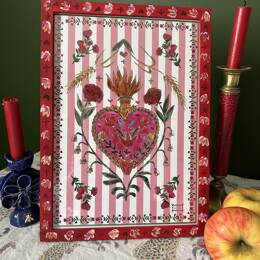 SACRÉ COEUR DE JÉSUS - Fond rayures blanches et roses - Cadre rouge - 24x33 cm