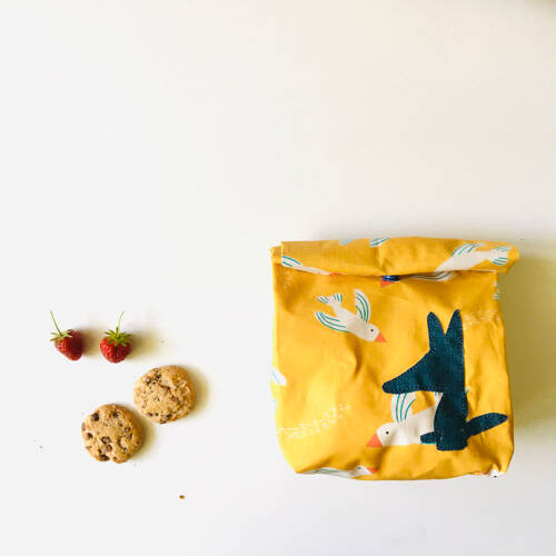 Lunch bag en tissu enduit jaune oiseaux