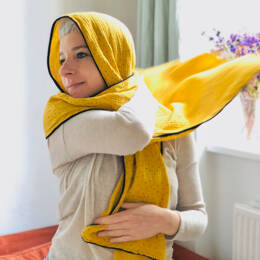 Foulard double gaze de coton jaune à motifs pompons noirs