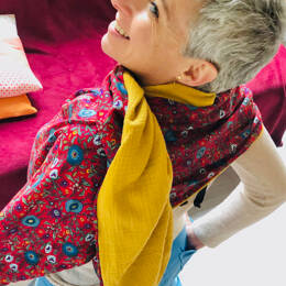 Foulard réversible gaze de coton jaune et viscose rouge fleurie