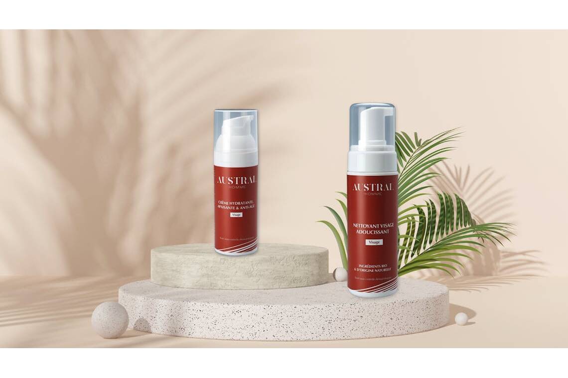 Nettoyant visage adoucissant et crème hydratante apaisante & anti-âge pour homme de la marque Austral