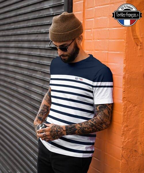 T-shirt de  Textiles Français, blanc et rayures bleu.