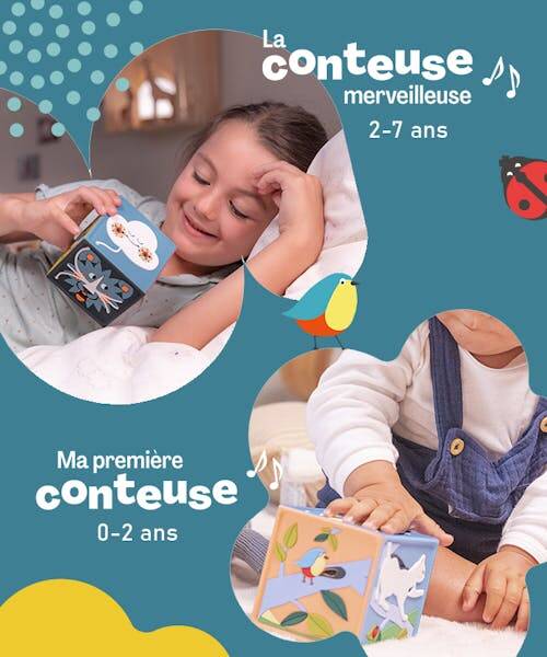 Ma première conteuse pour bébé et Ma conteuse merveilleuse pour enfant jusqu'à 7 ans, toutes deux fabriquées en France par la marque Joyeuse.