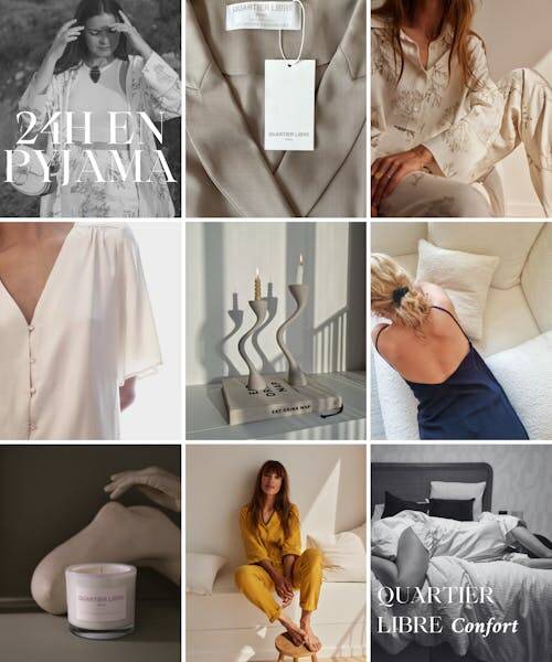 Mosaïque de photos des produits de Quartier Libre Paris : pyjama, nuisette et  robes de nuit.