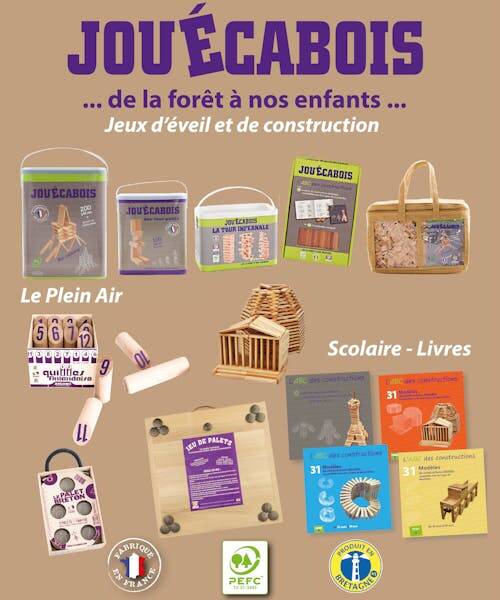 Affiche de JOUECABOIS reprenant tous les jeux en bois de construction et jeux d'extérieur Made in France.