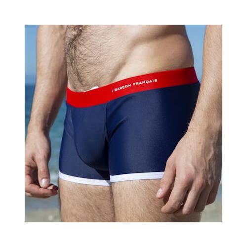 Maillot de bain homme bleu blanc rouge.