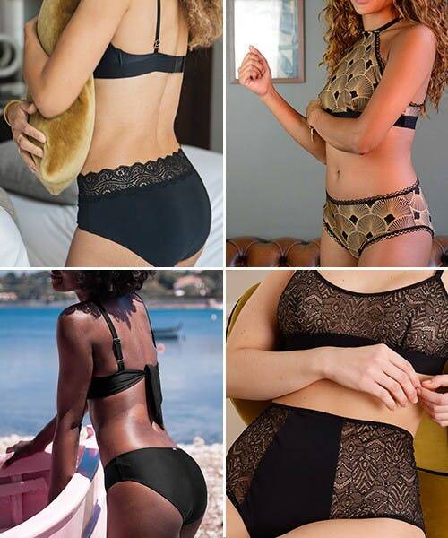 Quatre photos de femme portant de la lingerie menstruelle et un maillot de bain de règles, fabriqués en France.