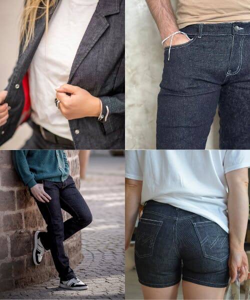Photo montrant des jeans, une veste et un short fabriqués en France par L’Usinier Français
