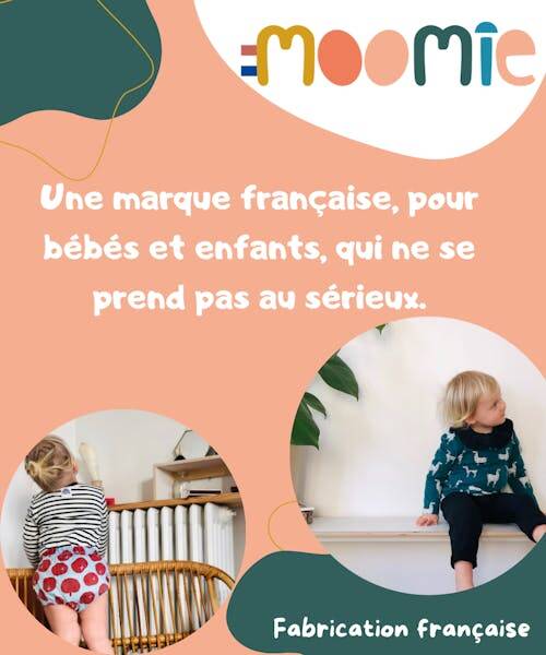 Affiche présentant la marque Made in France Moomie et des vêtements pour bébé colorés et Made in France.