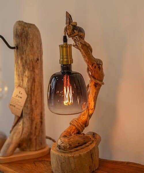 Phot d'une lampe à poser fabriquée en bois en Françe et à partir d'un branche de bois français.