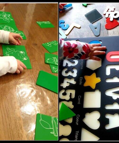 Photo d'un enfant jouant à un puzzle et à un jeu d'éveil fabriqués en France par Antre Gobelins.