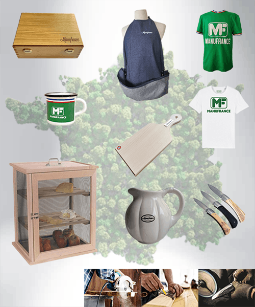 Carte de France avec mise en avant de produits fabriqués en France par Manufrance.