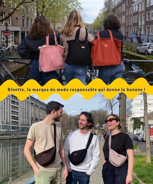 Photos de trois femmes portant des sacs cabas made in France et de trois homme portant des sacs bananes fabriqués en France.