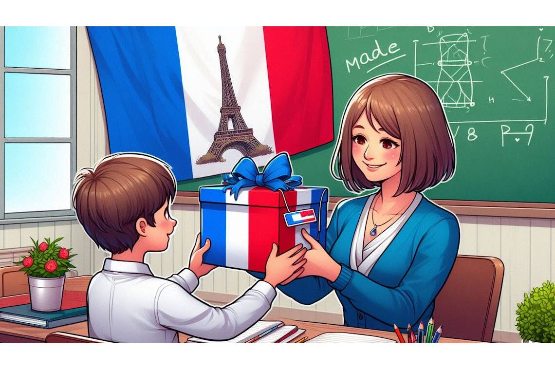 Elève offrant un cadeau Made in France à sa maîtresse d'école.
