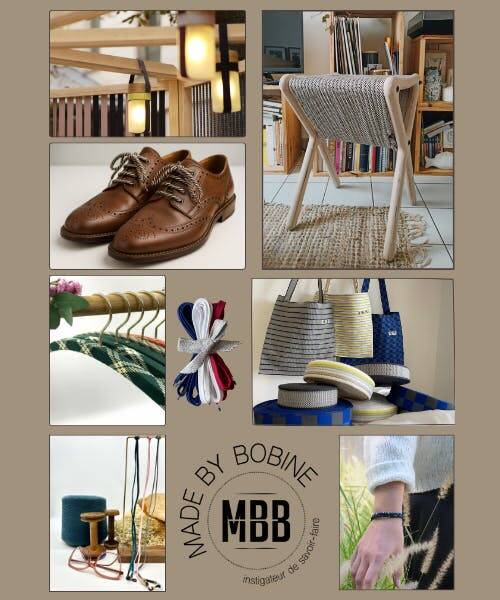 Mozaïque de produits français fabriqués par Made By Bobine : lacet, tabouret, cintre, sac, bracelet, etc.