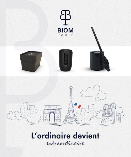 Best sellers fabriqués en France de la marque BIOM PARIS : collecteur de déchets, Bog et brosse WC.